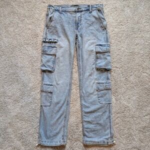 ChicConnect Women's Acid Wash Cargo Jeans Size 9 Distressed Pockets